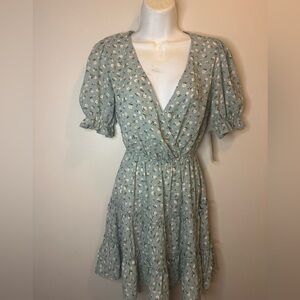 Olive Floral Puff Sleeve Mini Dress Women’s Size Small Cottagecore